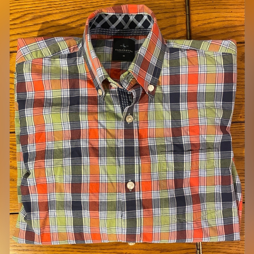 EUC Tailorbyrd Plaid big boys long sleeve shirt,size 16, blue/green/orange color
